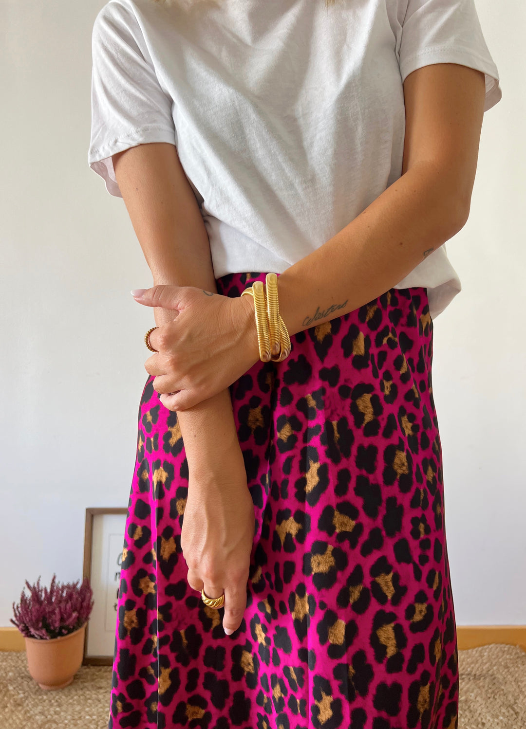 Falda Raso Animal Print Fucsia