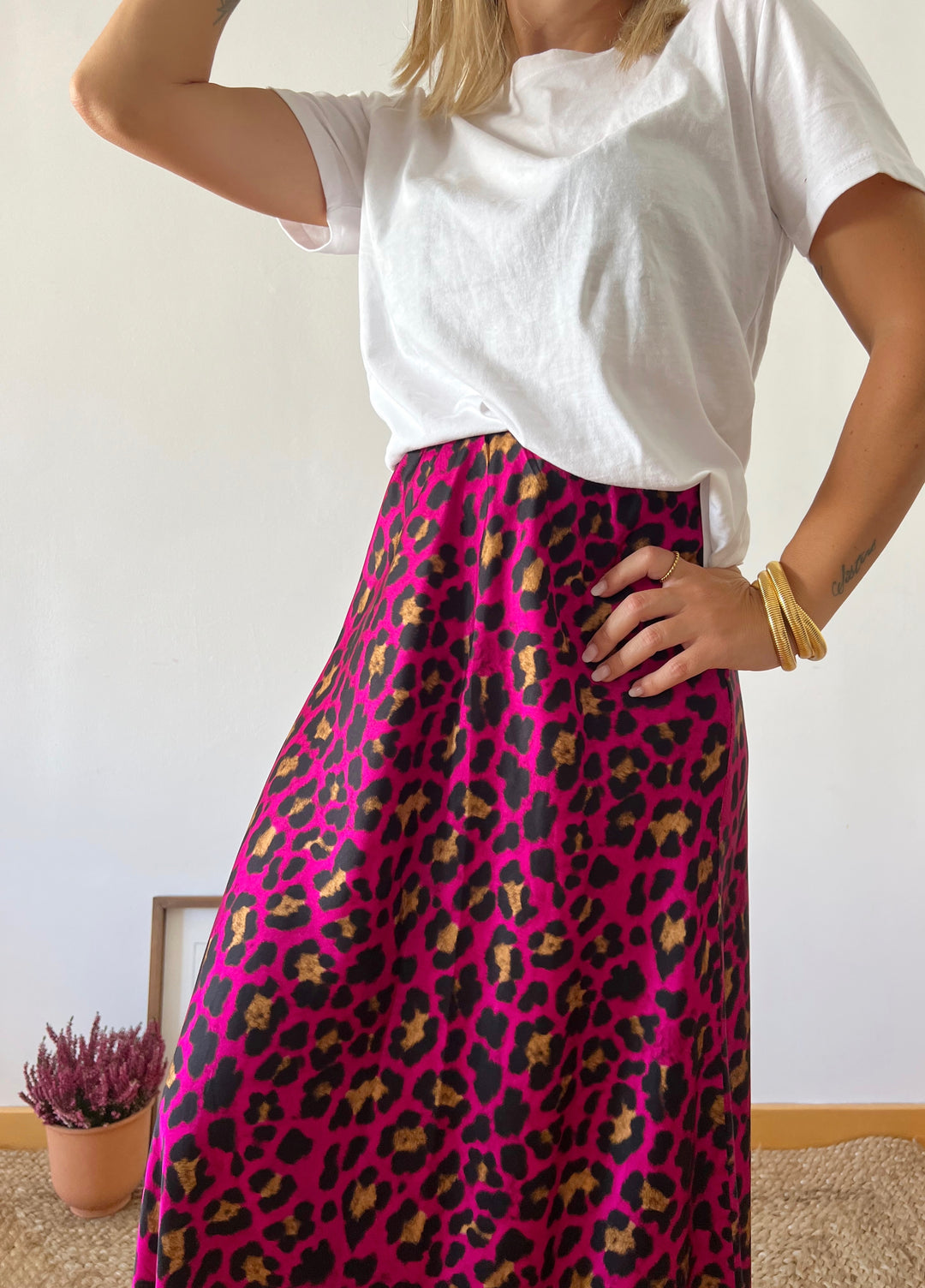 Falda Raso Animal Print Fucsia